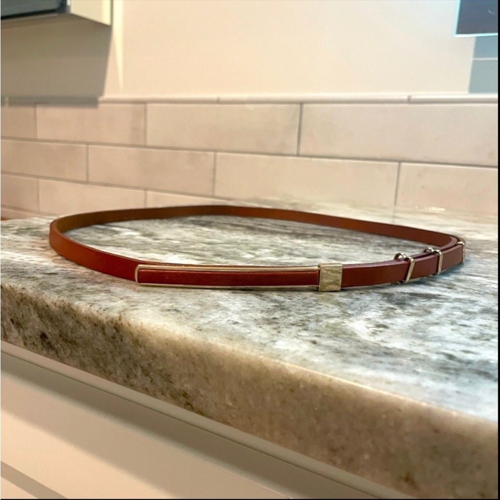 Slim Brown Leather Belt with Gold Accents
